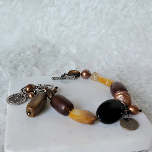 SILPADA Beaded Gemstone Bracelet w/ Shell, Horn, Glass, Pearls, Sterling, Bronze - Picture 4 of 8